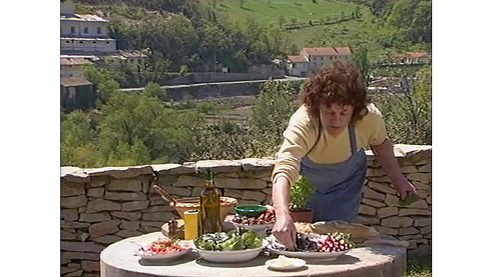 Elisabeth Luard preparing lunch on the terrace in Provence. The Rich Tradition: France